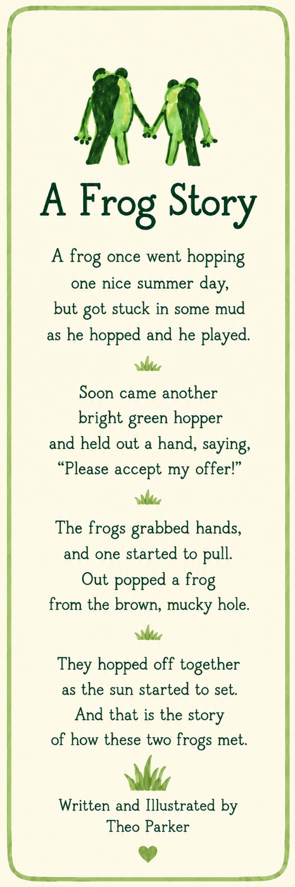 A Frog Story bookmark, back with poem
