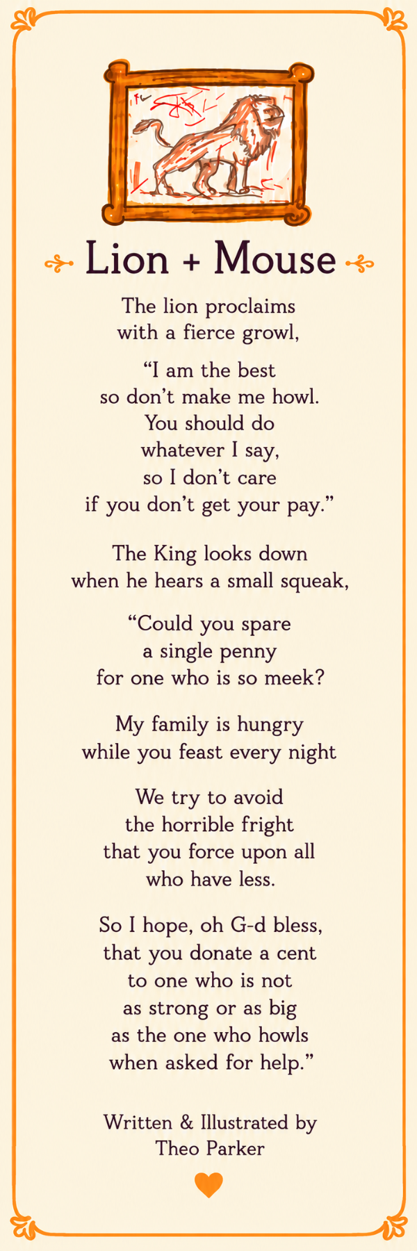 Lion and Mouse bookmark, back with poem